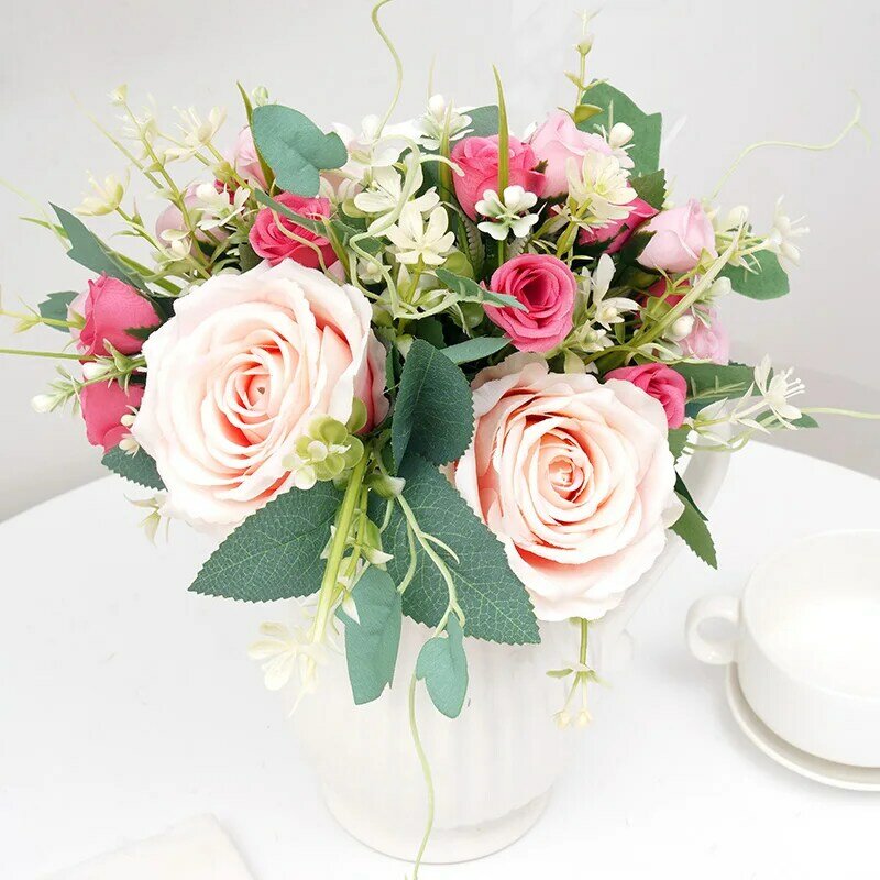 Pink Silk Artificial Rose Flowers Bouquet Wedding Home Decoration Accessories Fake Flowers Cheap High Quality Table Arrangement