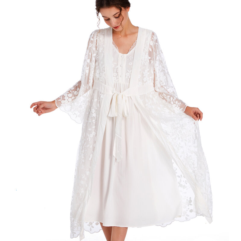 Womens Chemise Floral Embroidery Nightgown Dress ​Tie Front Robe Cotton Sleepwear Jersey Lingerie Pajama Sets
