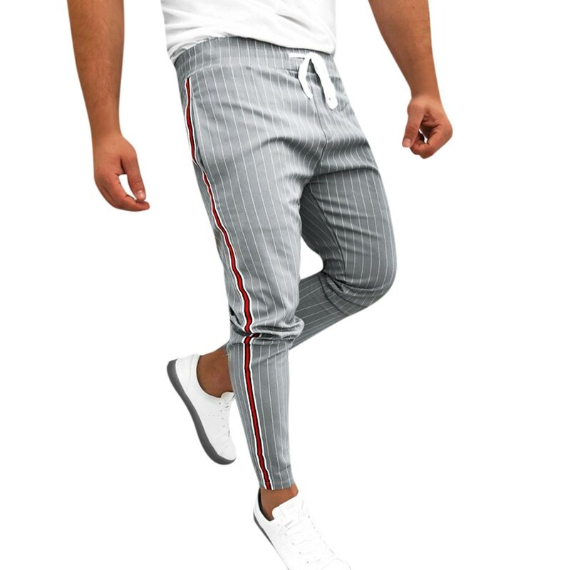 Calças de treino para corrida masculinas, calças para caminhada, listradas, casual, com cordão, calças compridas