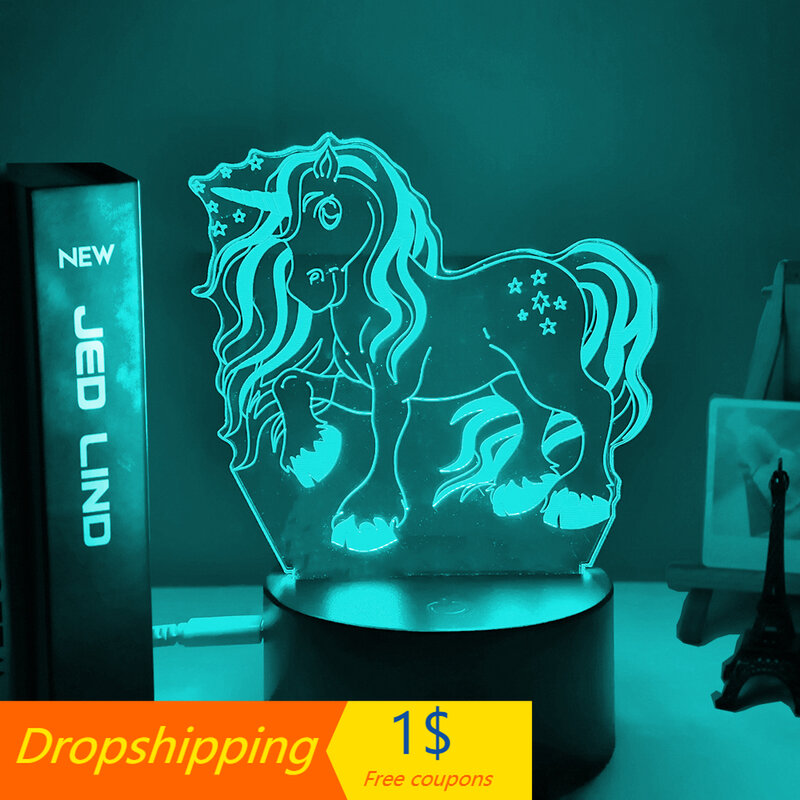 Lámpara 3d de unicornio para bebé y niña, luz nocturna con batería Usb que cambia de Color, decoración de dormitorio, regalo