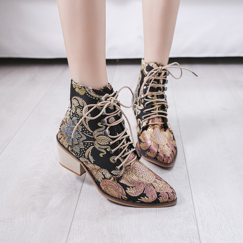 Lace-Up Hangat Boots Wanita Menunjuk Toe Bunga Sepatu Kulit Microfiber Pergelangan Kaki Sepatu Wanita Botines Mewah Pasang Kaos Mujer Nyaman