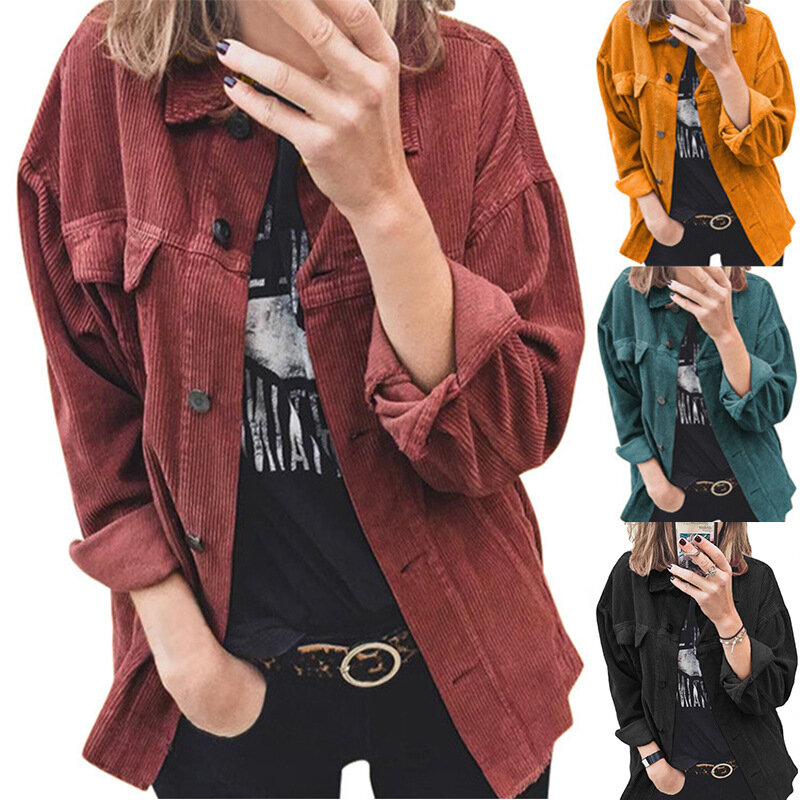 2021 Plus rozmiar luźna koszula wiosna jesień kobiety topy odzież Casual jednolita, sztruksowa kurtki