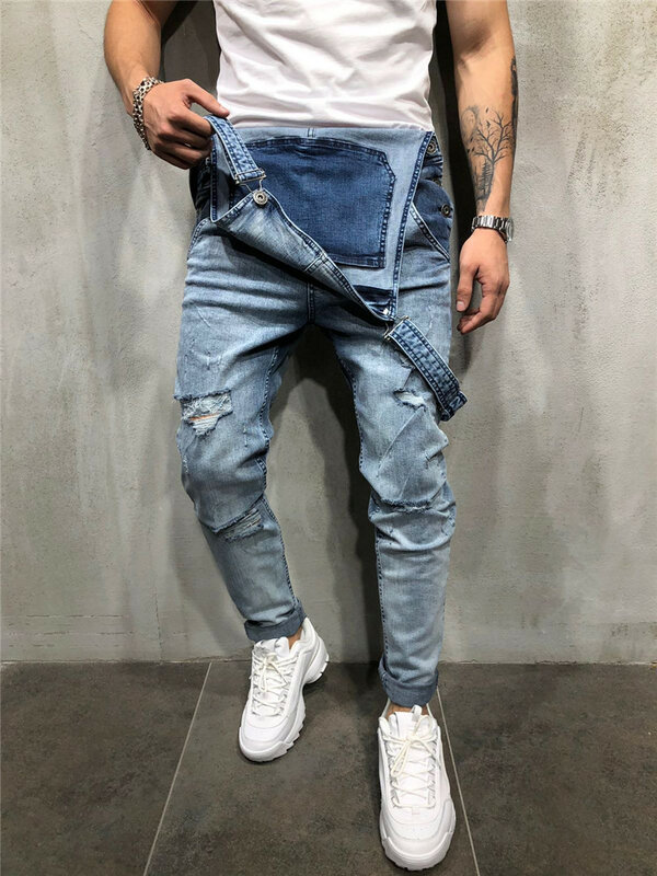 Комбинезон мужской джинсовый, модные джинсовые брюки, дизайнерский брендовый Ромпер, уличная одежда