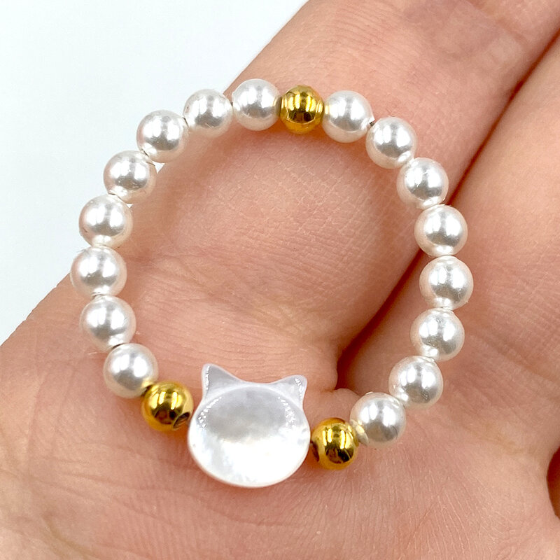 Anillo hecho a mano con piedra Natural de imitación de cristal para mujer, sortija de gato con perla blanca y negra cortada a mano, accesorios de moda coreana para boda, joyería