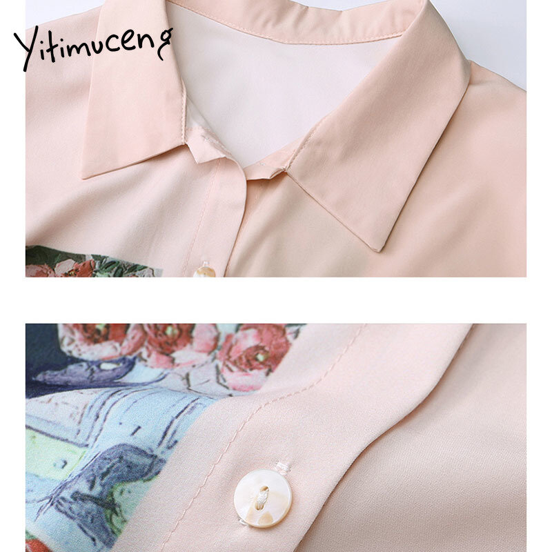 Yitimuceng vintage impressão blusa feminina botão acima camisas soltas nova primavera 2021 turn-down colarinho manga comprida único breasted topos