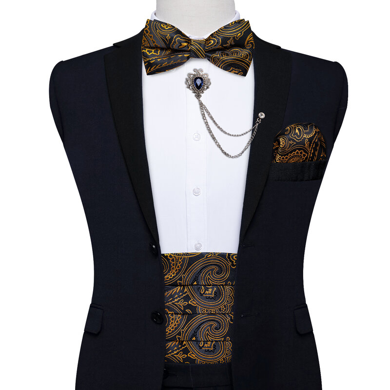Dibangu-メンズブラックゴールドペイズリースタイルの蝶ネクタイ,ポケット付きスクエアカフスボタン,メンズタキシードスーツアクセサリー,メンズ弾性ベルト