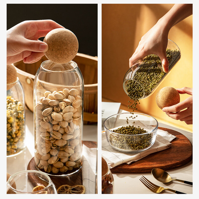 Ball Cork ตะกั่ว-ฟรีแก้ว Jar พร้อมฝาปิดขวดถังปิดผนึกกระป๋องชาธัญพืชโปร่งใสขวดเก็บกาแฟประกอบด้วย