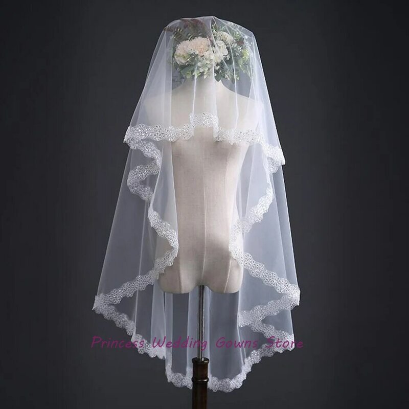 Marfim branco uma camada de casamento véus apliques rendas véu nupcial para noiva 2021 moda casamento acessório 1.5m nenhum pente