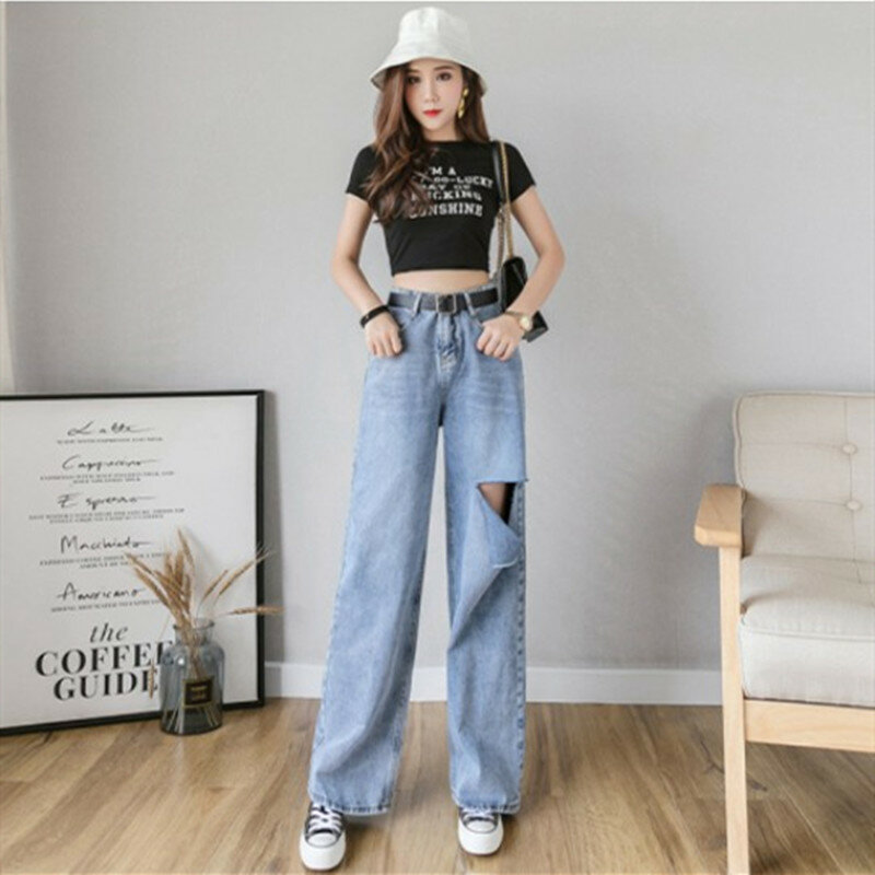 Jeans Wanita Jeans Sobek Pinggang Tinggi 2019 Musim Gugur Musim Dingin untuk Pakaian Denim Kaki Lebar Celana Vintage Fashion Streetwear Biru