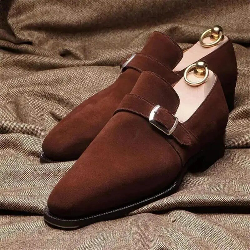 Men's Handmade High Quality Brown Suede Single Buckle Pointed Toe Low Heel Comfortable Fashion Business Casual Monk Shoes ZQ0024