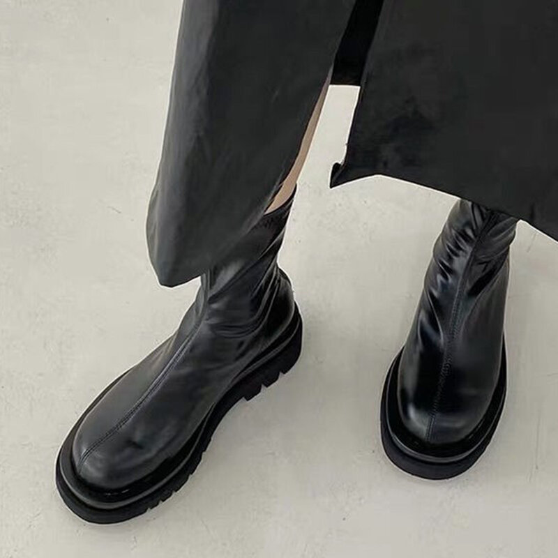 أحذية النساء 2022 الجديدة في الشتاء تشيلسي أحذية بكعب منخفض مستدير تو بو الجلود سستة الكاحل أحذية أنيقة فاسق الأحذية القوطي سيدة Zapatos