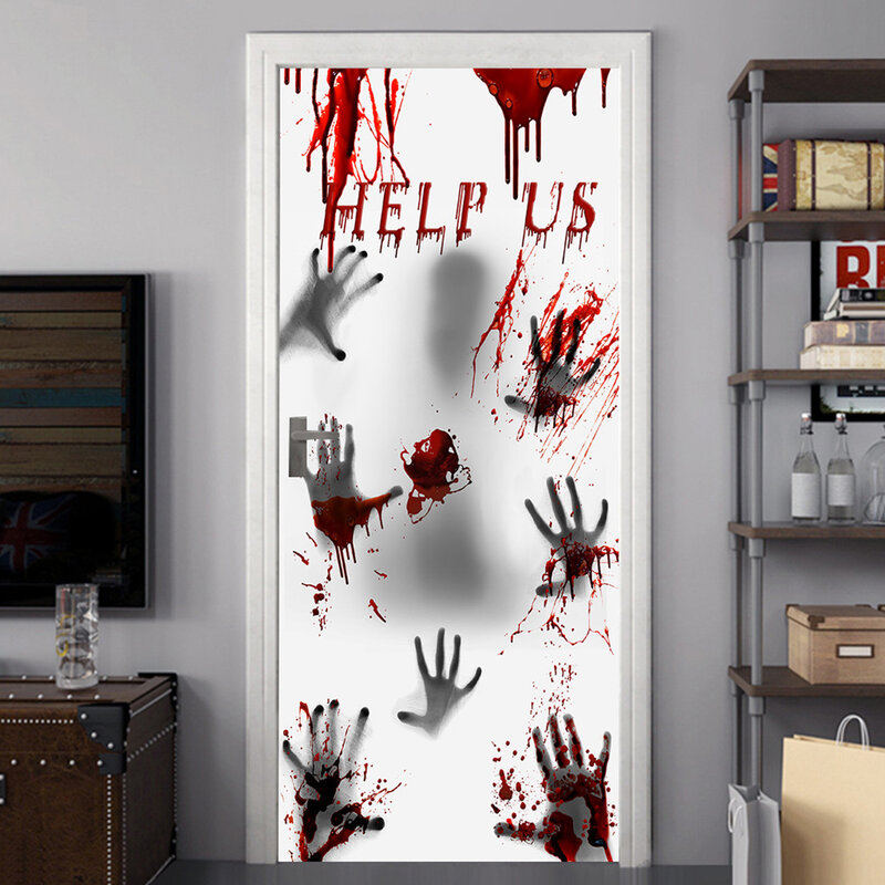 Halloween krwawy odcisk dłoni okno plakat pomóż nam pokrywa klamry na okno strona dekoracji na nawiedzony wystrój domu