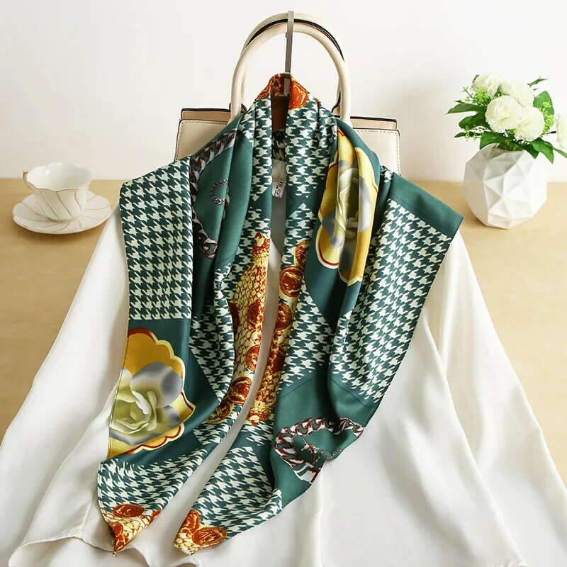 2021 Summer Luxury Brand Fashion Kerchief Silk Satin Neck Scarf For Women Print Hijab Scarfs Female 90*90cm Square Shawls and Wr