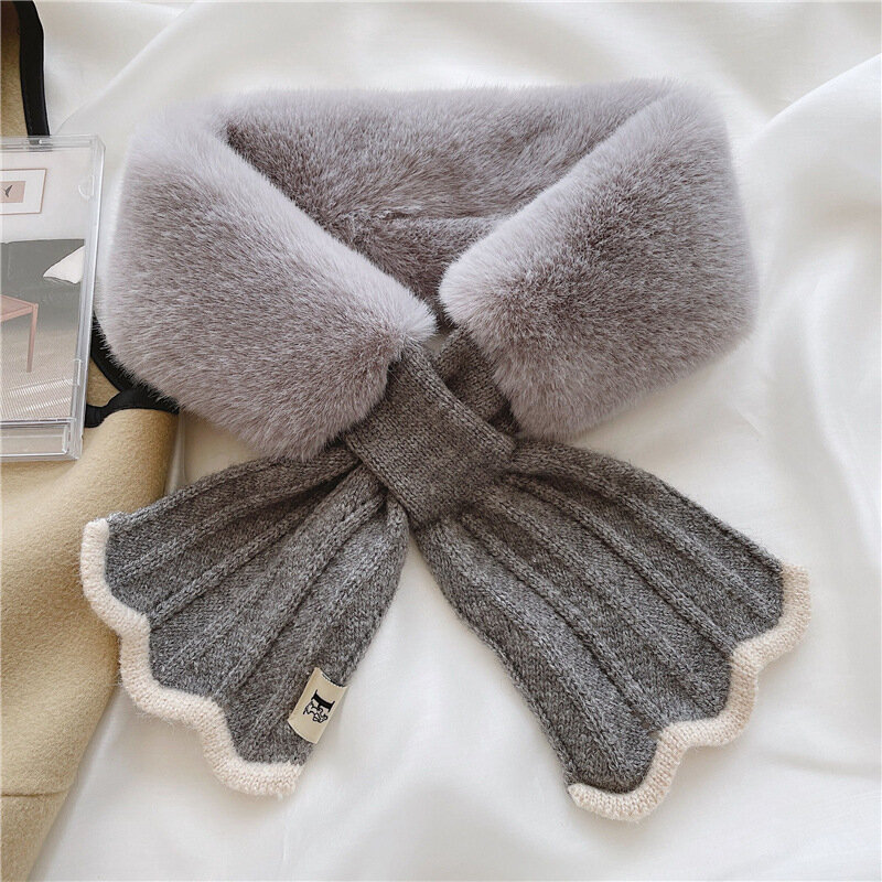 女性のフェイクファーウサギの毛皮の冬のスカーフ,韓国のファッション,無地,柔らかくて暖かいニットのスカーフ