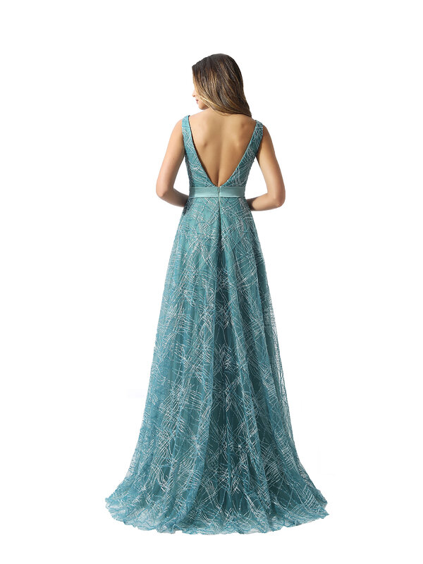 Tanpell-우아한 레이스 a라인 롱 이브닝 드레스, v넥 민소매 스플릿 프론트 플로어 길이 여성 파티 커스텀 이브닝 드레스 2020