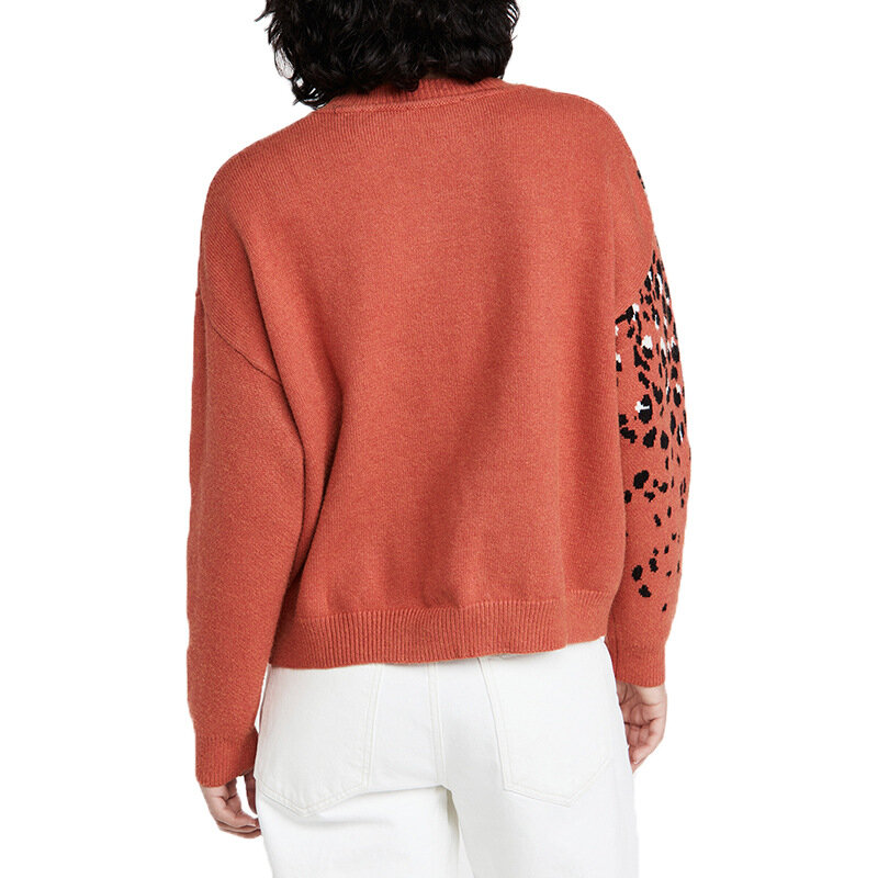 Suéter estampado de malha feminino, pulôver grande com cabeça de leopardo folgado para inverno