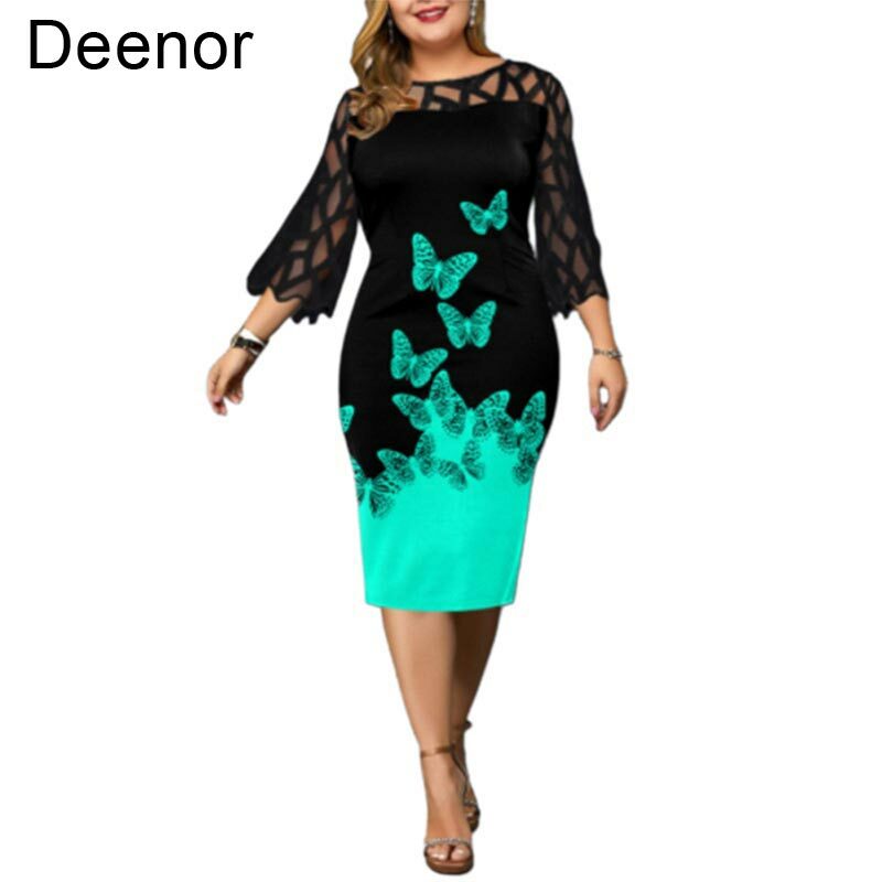 Deenor فستان بمقاسات كبيرة بطباعة رقمية من الدانتيل فساتين نسائية أنيقة موضة للحفلات 5xl فستان سيدة مكتب