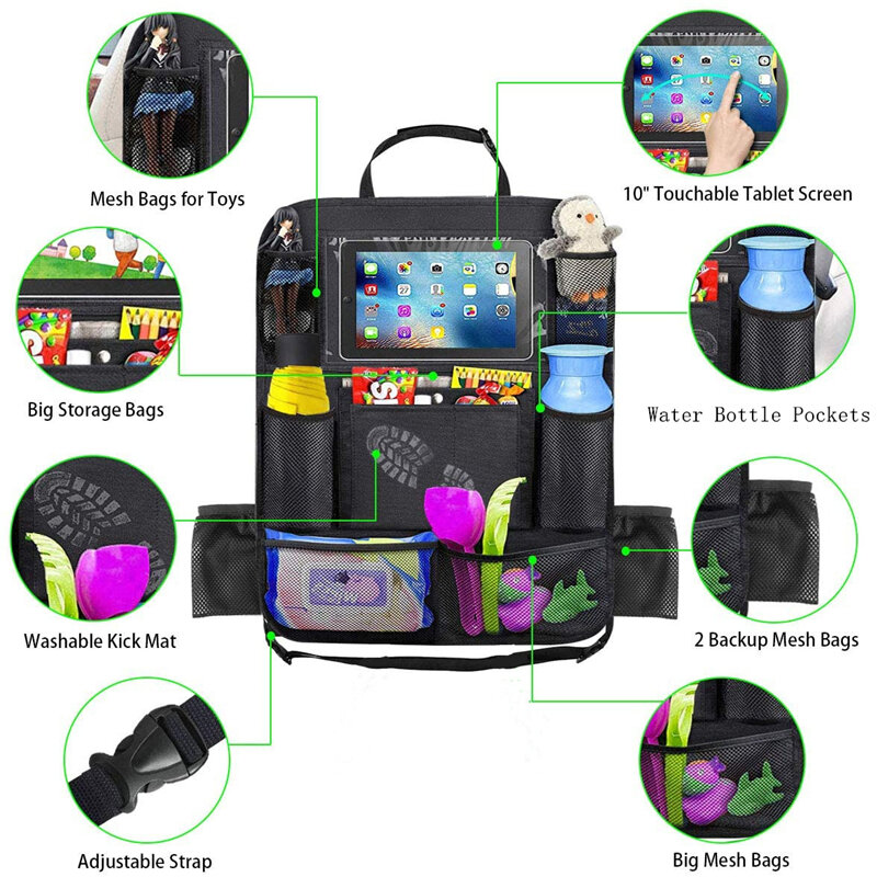 Car Backseat Organizer With Touch Screen Tablet Holder + Multiple Storage Pockets Kick Mats Car Seat Back Protectors For Kids