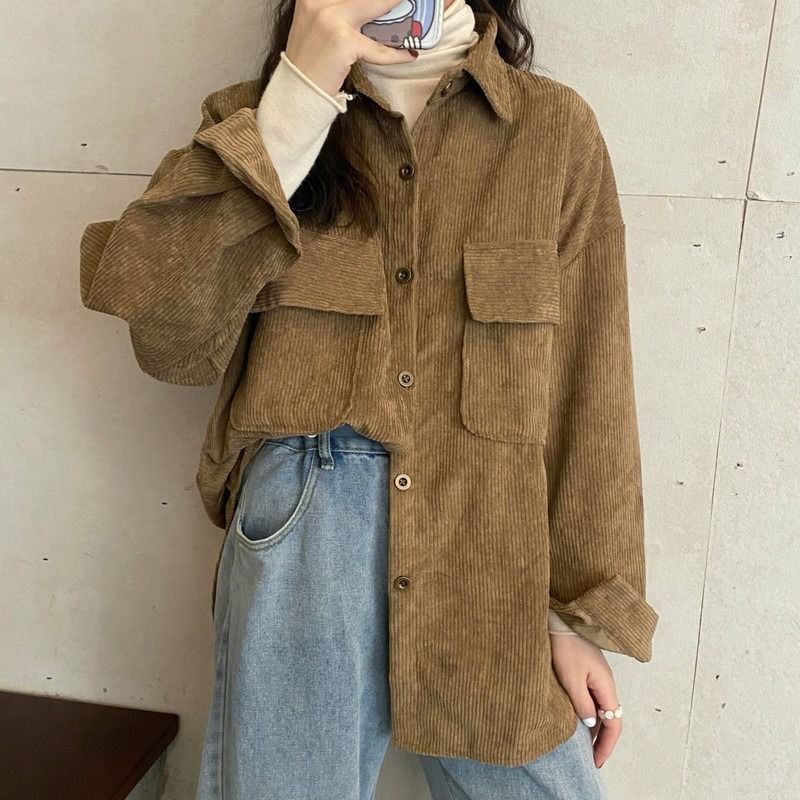 HOUZHOU-camisa de pana de estilo coreano para mujer, blusa informal Vintage Harajuku de talla grande, camisas sueltas de manga larga, moda de otoño