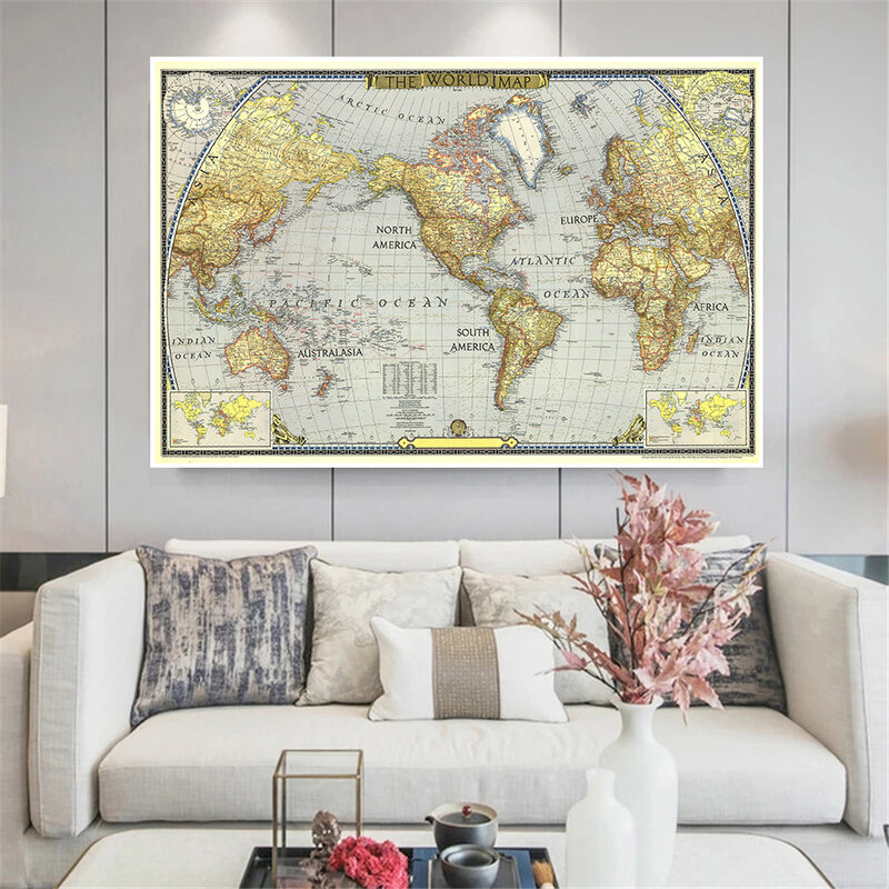 150*100cm  Map of World In 1943 Retro Wall Art Poster and Prints Non-woven Canvas Painting  School Supplies Home Decoration