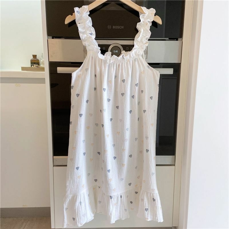 QWEEK Cotton Đồ Ngủ Mặc Váy Đầm Cho Nữ 2021 Kawaii Váy Ngủ Trái Tim In Hình Váy Ngủ Dễ Thương Váy Ngủ Công Chúa Phục Thường Ngày