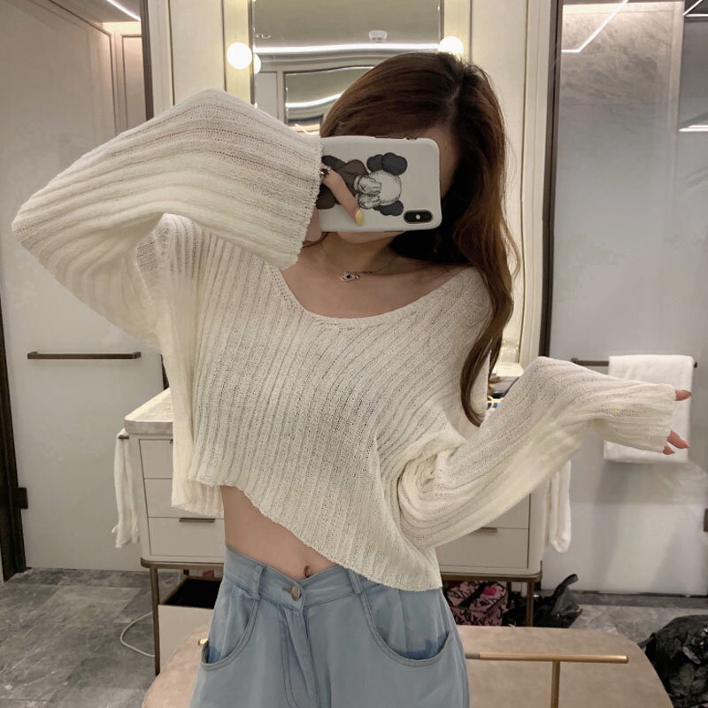 Neue Elegante Chic Gestrickte Pullover Frauen Koreanische Rüschen Langarm Crop Pullover Mode Büro Dame Schlank Pullover Strickwaren Tops