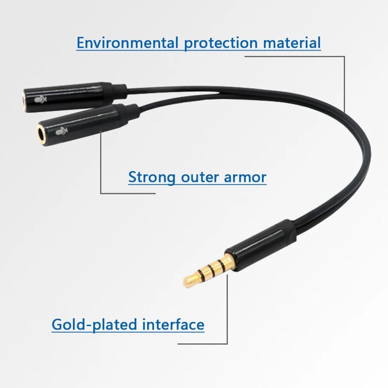 Divisor de áudio e extensão do microfone, cabo jack de microfone duplo, cabo de 3.5mm macho para 2 fêmea para telefone e laptop, cabo aux