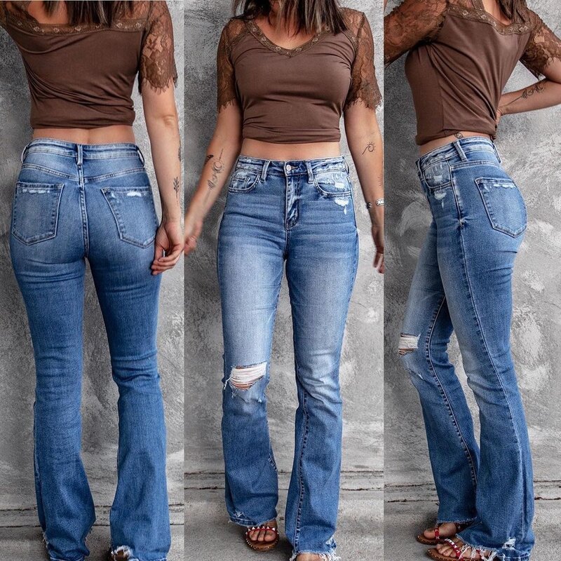 Women Fashion Hole High Waist Retro Stretch Slim Micro-flared Pants Bootcut Jeans