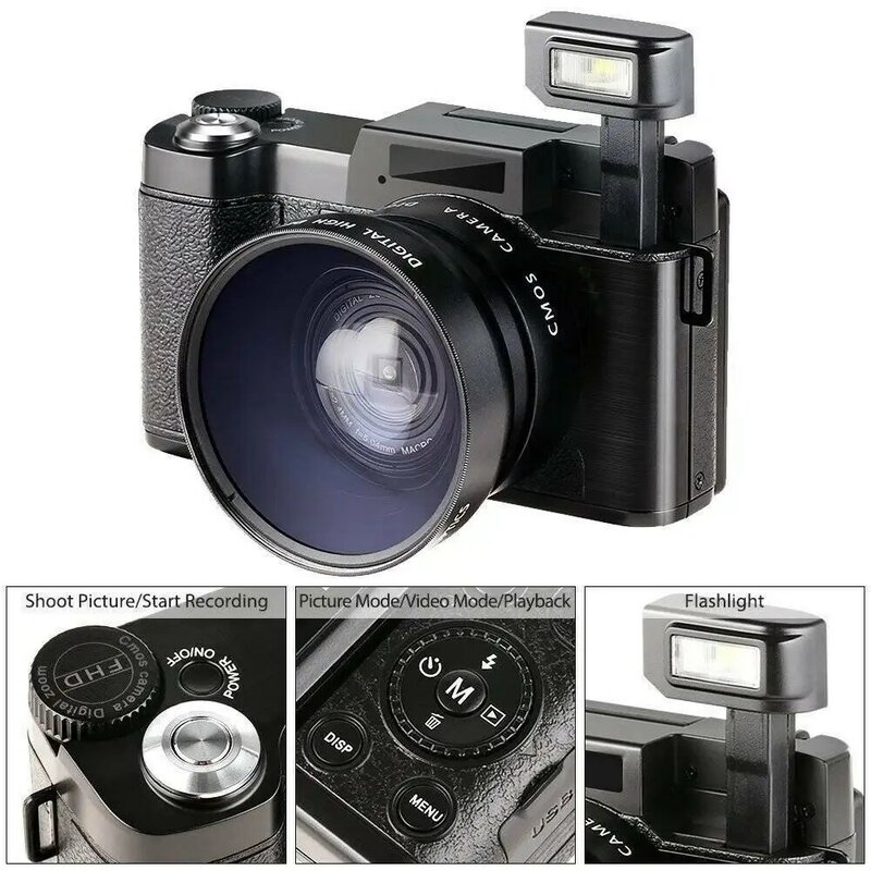 Câmera de vídeo profissional de 24mp 4x zoom tela rotativa completa hd 1080p anti-shake slr filmadora foto com lente larga e 32gb cartão