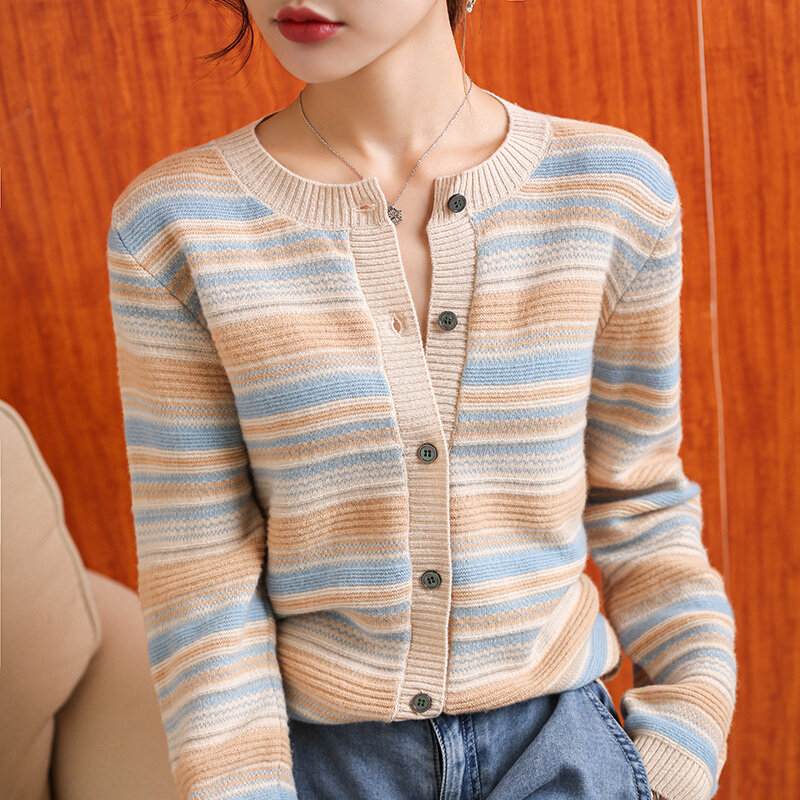 Suéter de manga larga para mujer, chaqueta de estilo nacional, Tops a rayas, salvaje, holgado, versión coreana, novedad de otoño e invierno, 2021