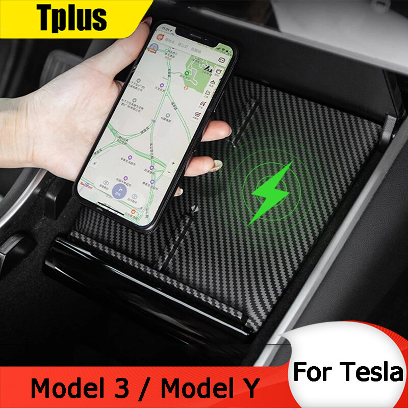 Pengisi Daya Nirkabel Mobil untuk Tesla Model 3 / Model Y Dudukan Ponsel Ganda Pengisi Daya Cepat Nirkabel Aksesori USB Serat Karbon Pintar