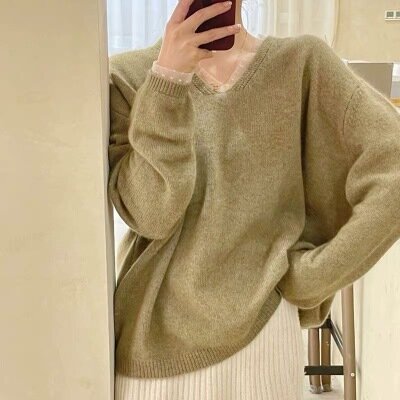 Suéter de punto de manga larga para mujer, Jersey holgado con cuello en V, de encaje Vintage negro, Tops 855F, novedad de primavera y otoño de 2021