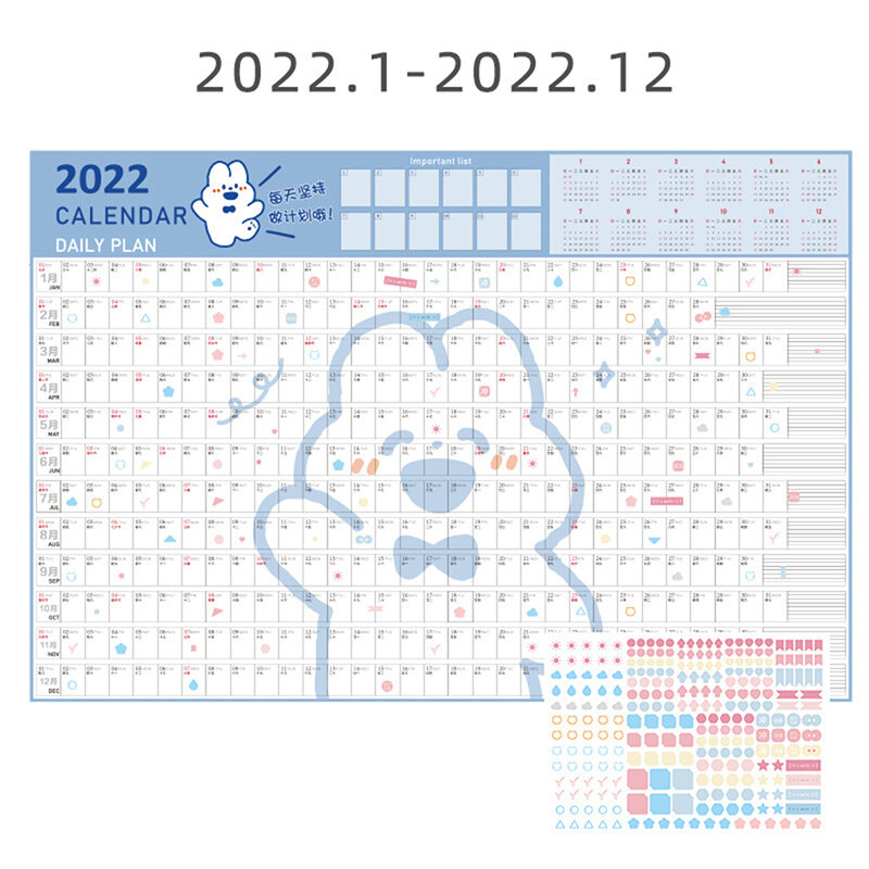 Calendario de pared de 2022 años con pegatina Linda 365 días de aprendizaje diario horario anual planificador periódico Agenda de notas de año organizador