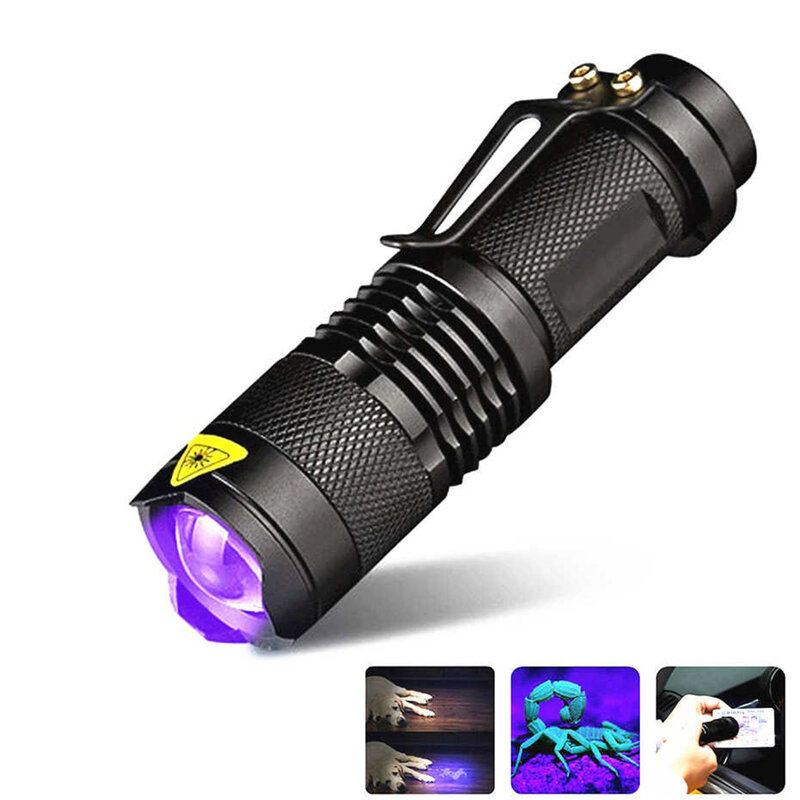 Led uv lanterna ultravioleta tocha com função de zoom mini uv preto luz pet manchas de urina detector de escorpião caça