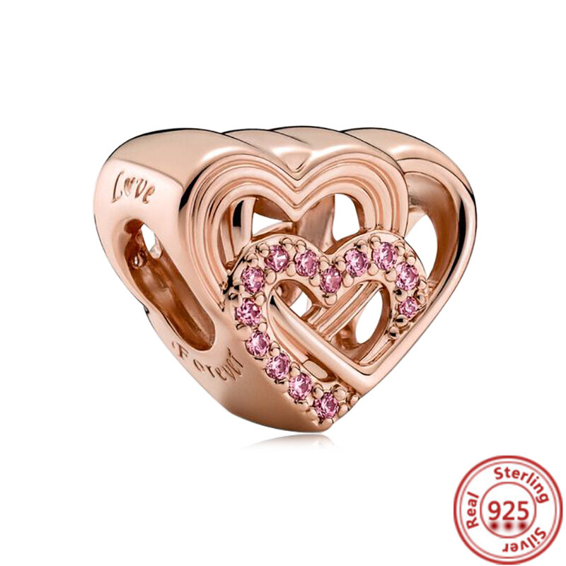 Hot Sale Rose Gold Series Pink Zircon Leaves Heart Pendant Sparkling Clip Bead Fit Pandora Charm Bracelet DIY 925 Silver Jewelry