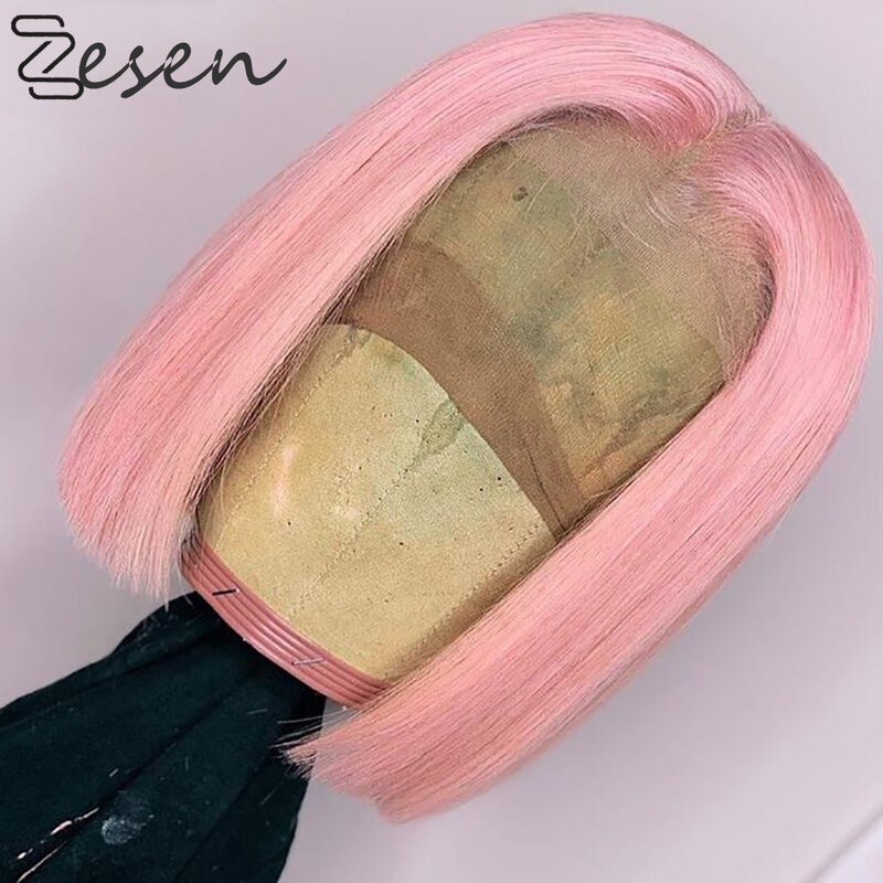 13*4 peruca dianteira do laço sintético em linha reta curto bob cabelo verde cor rosa t parte cosplay fibra resistente ao calor perucas de cabelo para mulher