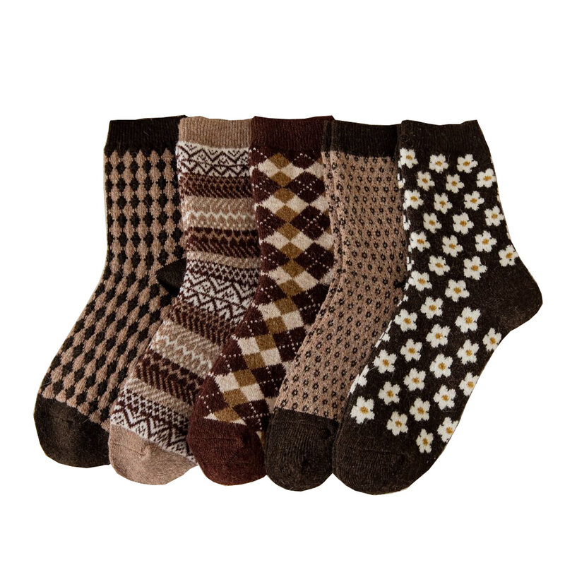 Wool Socks Thicker Warm Winter Brown Against Cold Snow Middle Tube Korean Style Happy Plaid Stripes Flowers Womens Sock Ins Gift