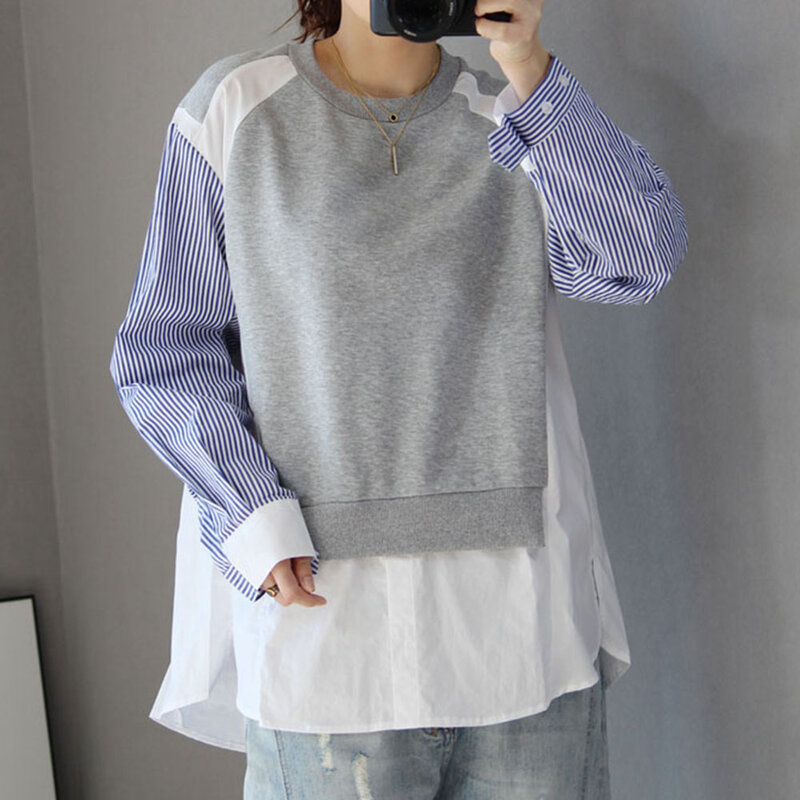Coreano moda outono novo 2021 commute cor contraste emenda blusa em torno do pescoço manga longa falso dois solto casual