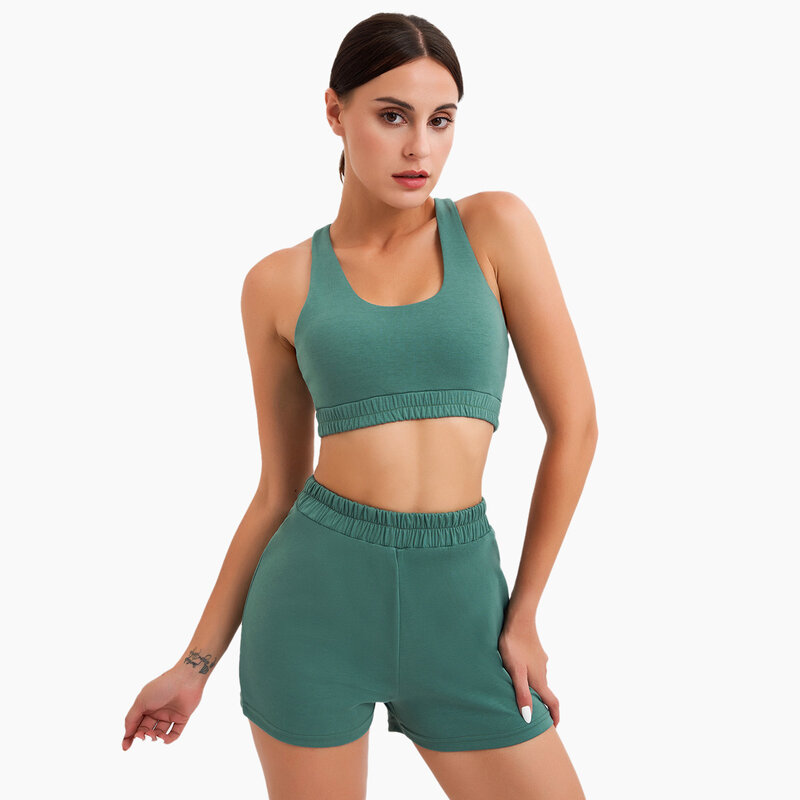 Women Tight Sports Suit Fashion Solid Color Gym Suit Crop Bra High Waist Push Up Booty Shorts Women Running Set Yoga Suit
