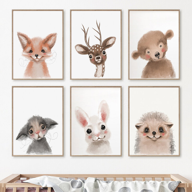 水彩画,キツネ,ウサギ,ハリネズミ,鹿,子供部屋の壁画