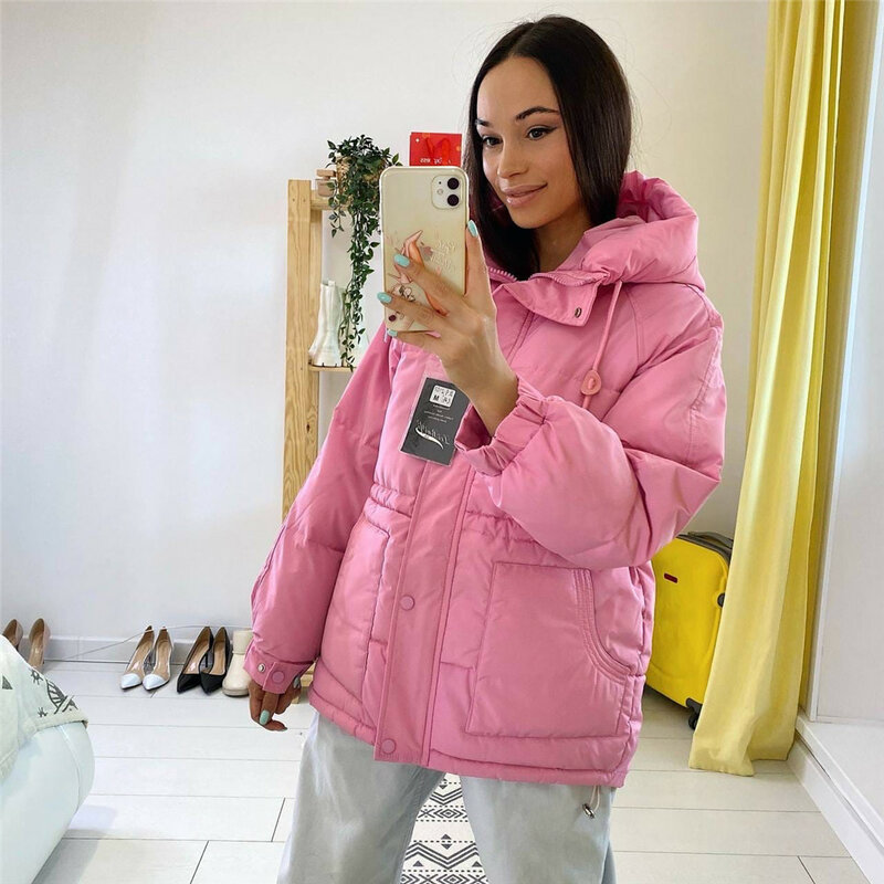 Candy Colors Down Cotton Jacket Women's Winter New Loose Drawstring Draw Back Bread Service Women's Thick Cotton Coat