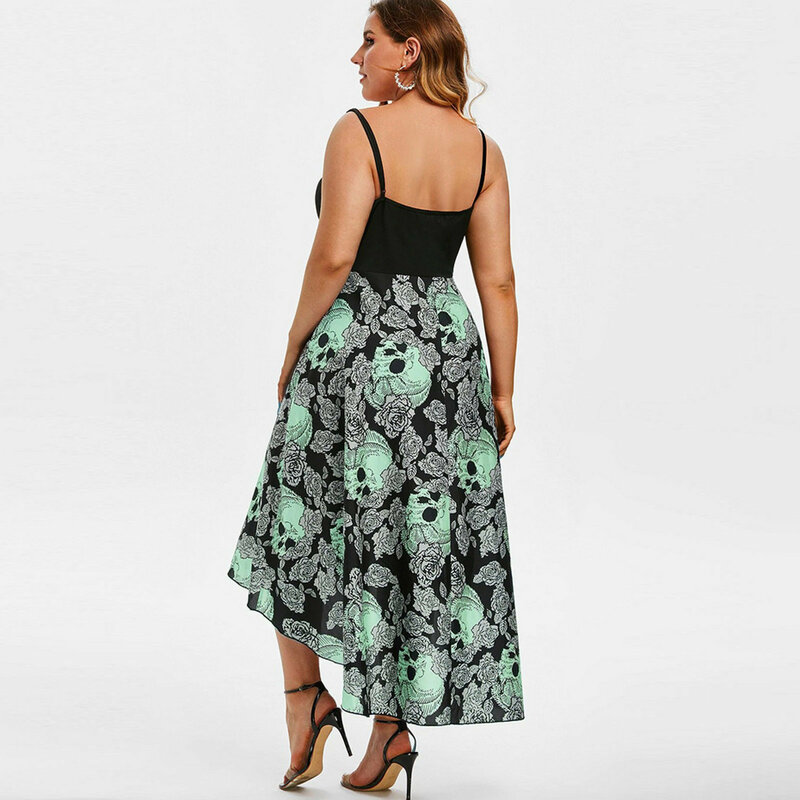 ファッションドレス夏2021プラスサイズの女性の花プリントノースリーブグロメット花スカルプリント高値安値パーティードレス