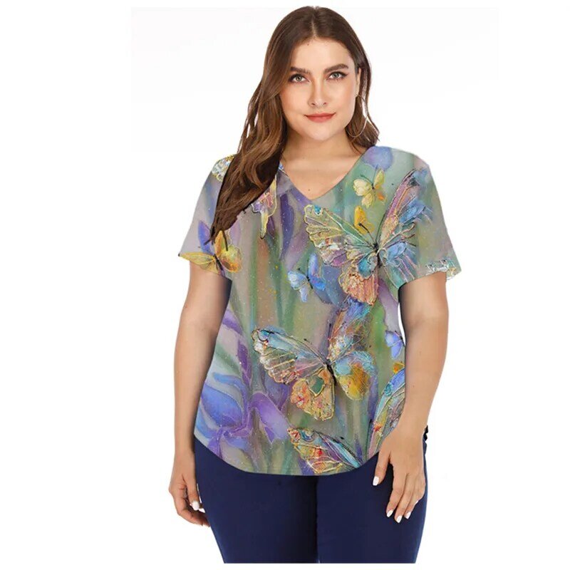 3d borboleta impressão t camisa feminina 2022 novo verão oversized topos senhoras casual manga curta com decote em v solto t topo plus size 3xl