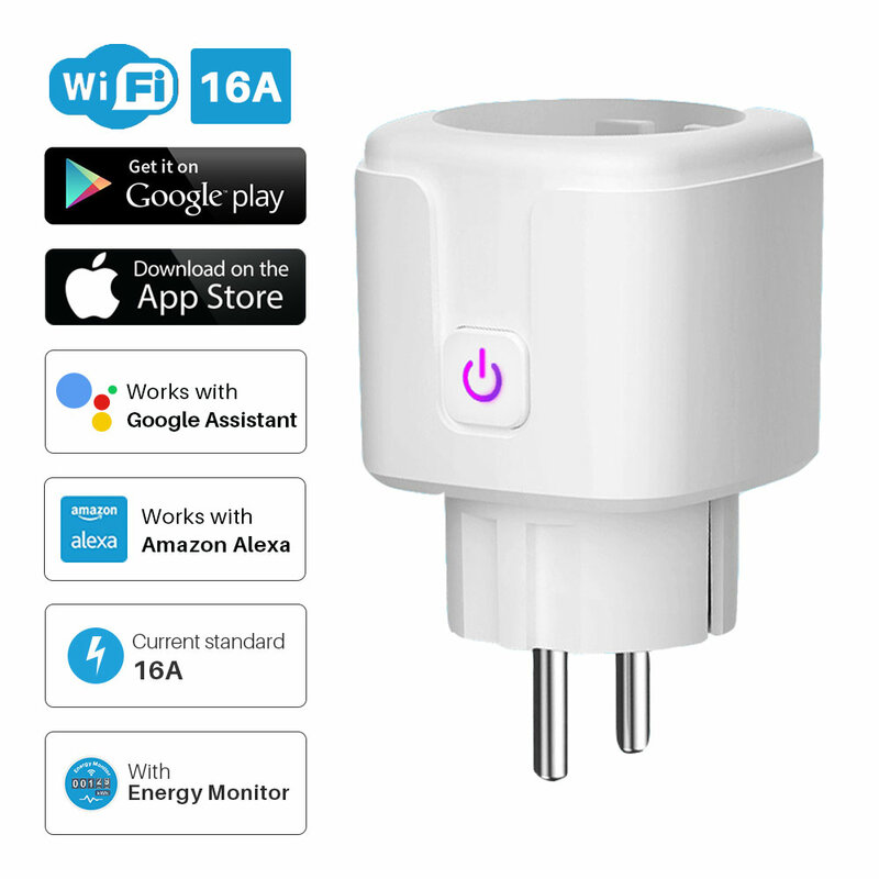 Prise WiFi intelligente ue 16a, fonction de moniteur de puissance, contrôle de l'application Tuya SmartLife fonctionne avec Alexa Google Assistant Yandex