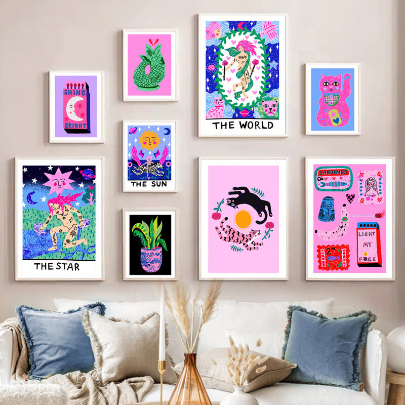 Carte de Tarot solaire, tigre imprimé léopard, jus de chat, Art mural, peinture sur toile, affiches et imprimés nordiques, images pour décor de salon
