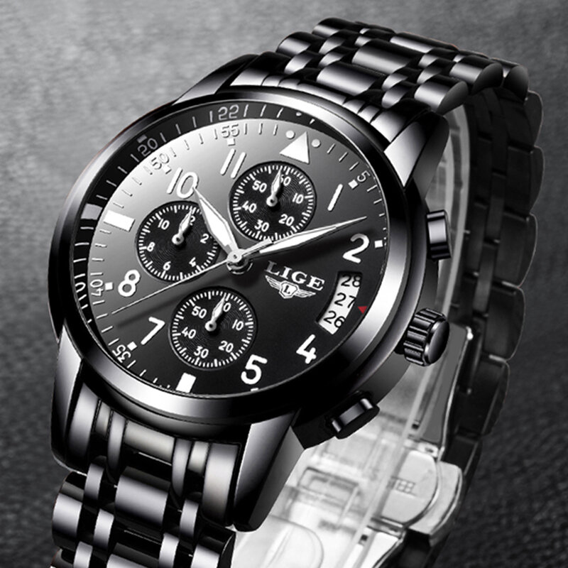 2019 męskie zegarki Top marka moda Chronograph LIGE zegarek kwarcowy czarny ze stali nierdzewnej automatyczne zegarek z datownikiem Relogio Masculino