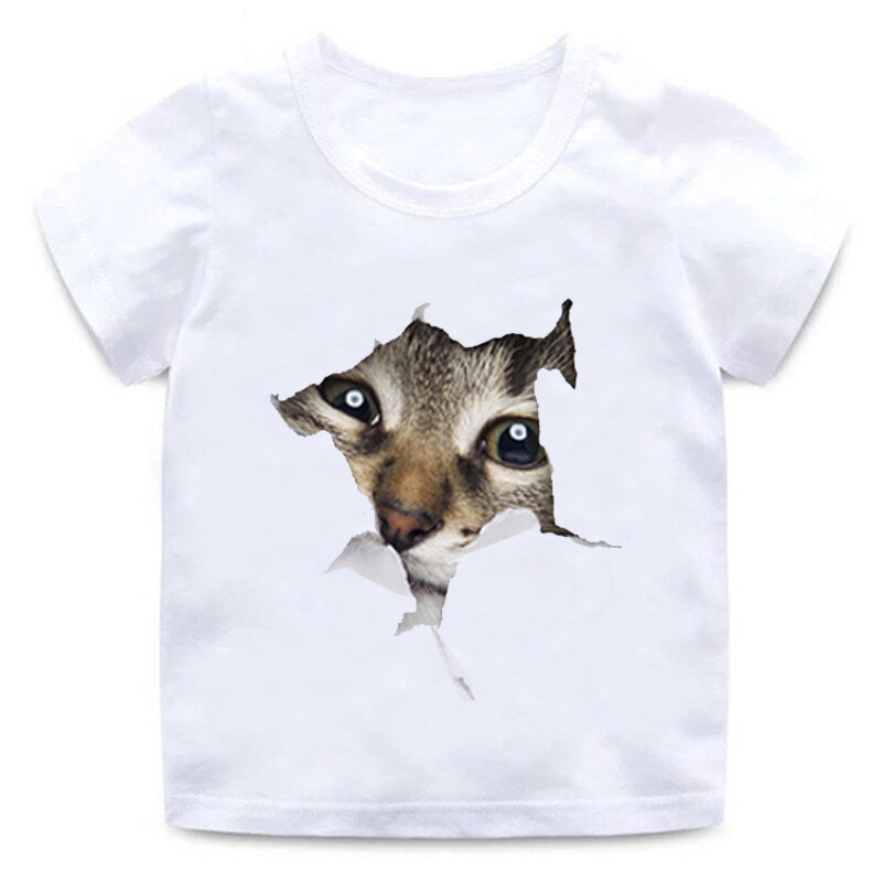 Children's funny 3D cat T-shirt boy girl animal short-sleeved round neck cotton soft T-shirt quality white casual T-shirt
