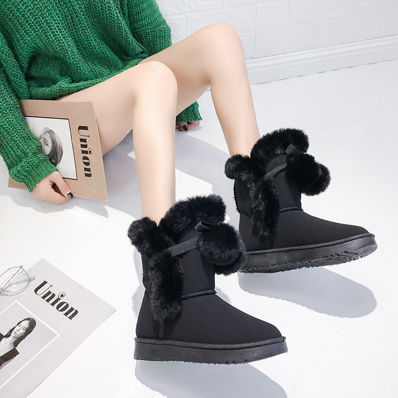 2022 New Warm Fur Women Snow Boots Cute Suede Winter Shoes Fur Ball Mid-Calf Boots Female Fashion Boots Non-Slip Snow Casual