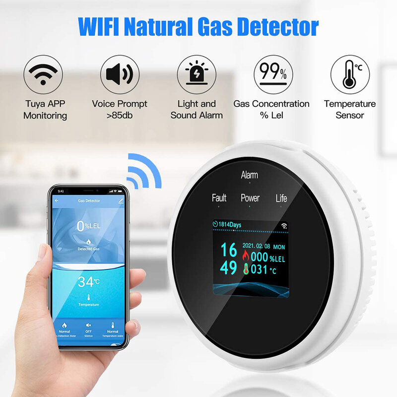 Vida inteligente quente tuya wi fi sensor de vazamento de gás led tela combustível casa inteligente detector de temperatura alarme gás lpg