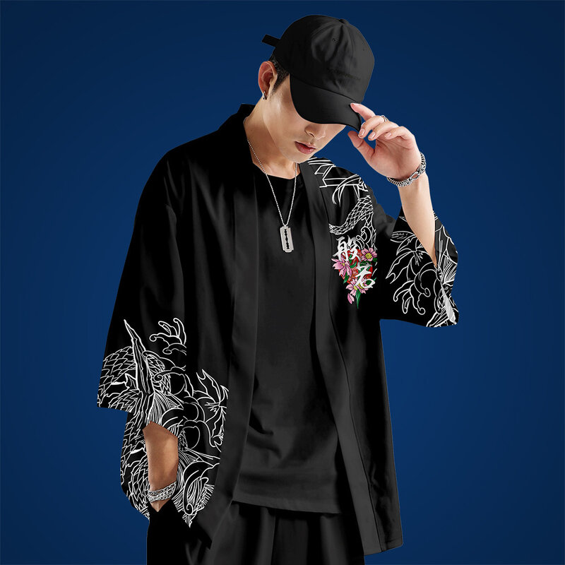 Masculino kimono tradicional yukata casual camisa de impressão preta roupas masculino rua wear casaco e calça oversize 6xl